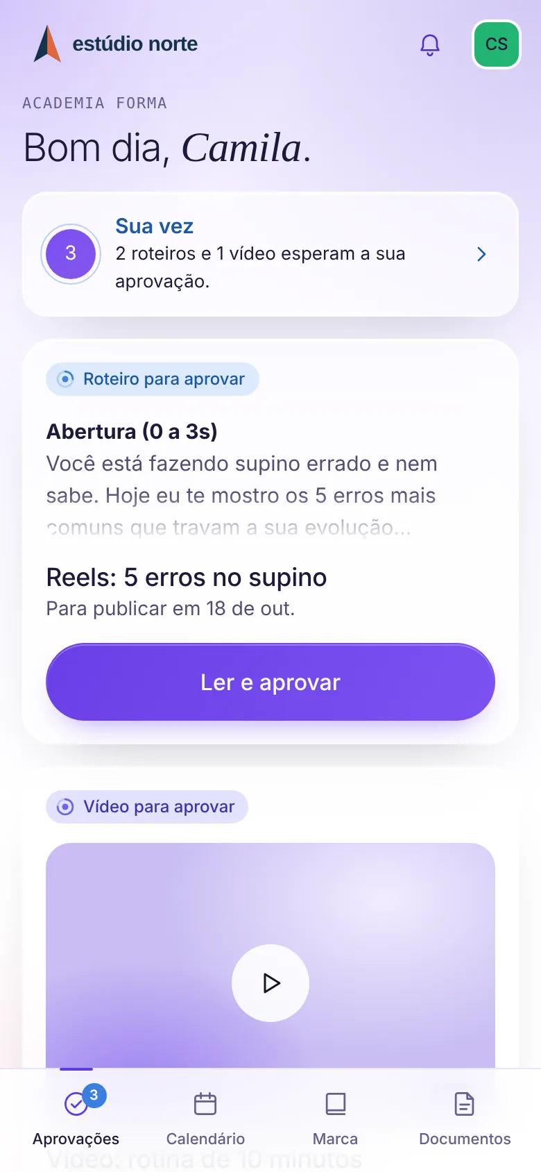 Portal do cliente no celular, com a logo da agência no topo: um roteiro e um vídeo esperando aprovação, e o botão Ler e aprovar.